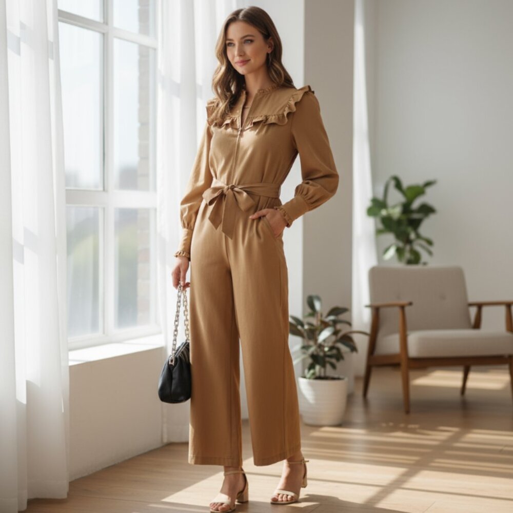 NWT STORIA X Anthropologie NELLIE POCKETED RUFFLE JUMPSUIT - CAMEL XL